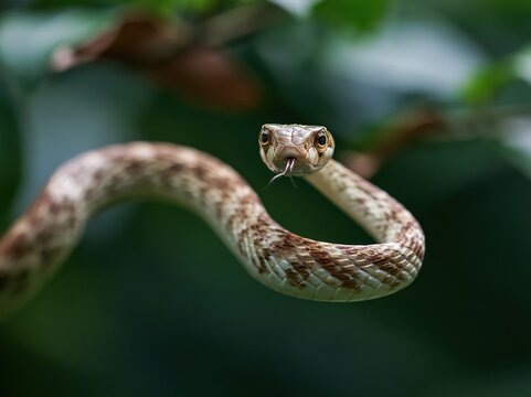 Close-up of a slender snake with patterned scales and flicking tongue in foliage