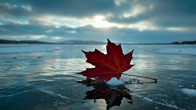 Vibrant red maple leaf on icy surface with cloudy sky
