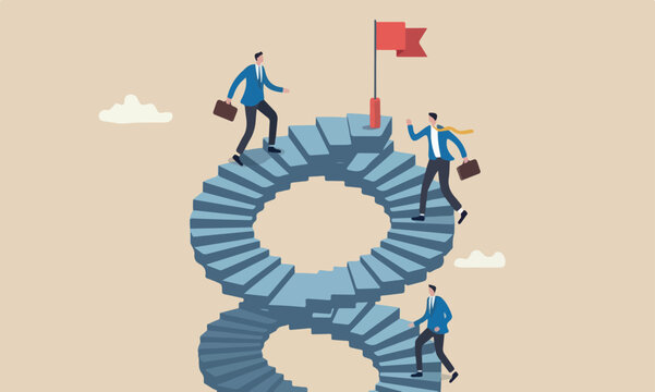 Business different, pillars fake or real, possible and impossible concept, ambitious businessman walk up stair while in paradox he walking down