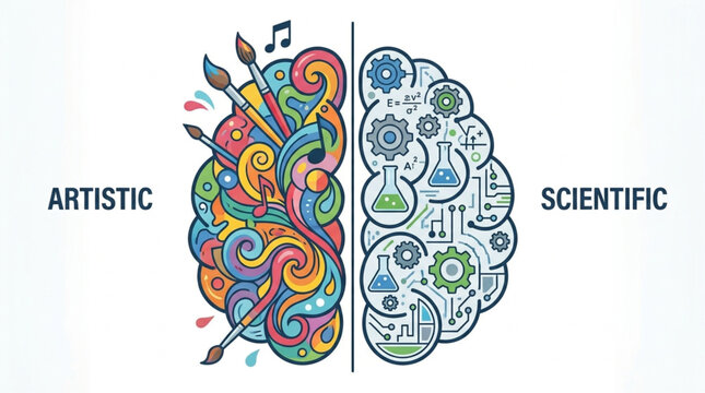 Artistic and Scientific Brain Hemispheres Symbolizing Creativity and Logic.
