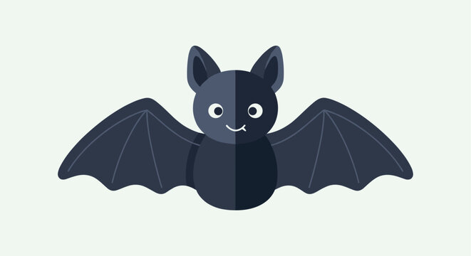 Dark blue bat with wings spread wide and a cute smiling face on a pale green background in a flat vector design style.