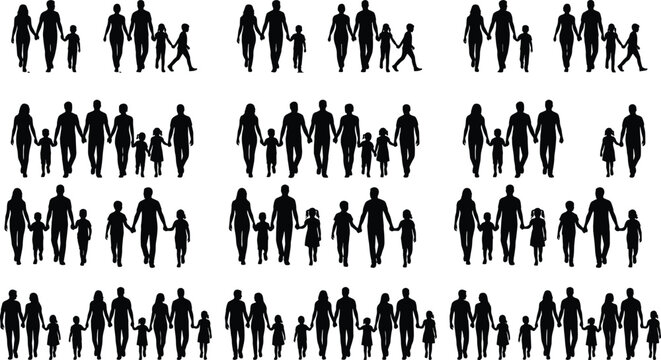 Large collection of black family silhouettes featuring parents and children walking and holding hands isolated on white background