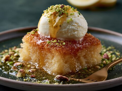 Delicious Kunafa dessert with ice cream and pistachios on a dark plate