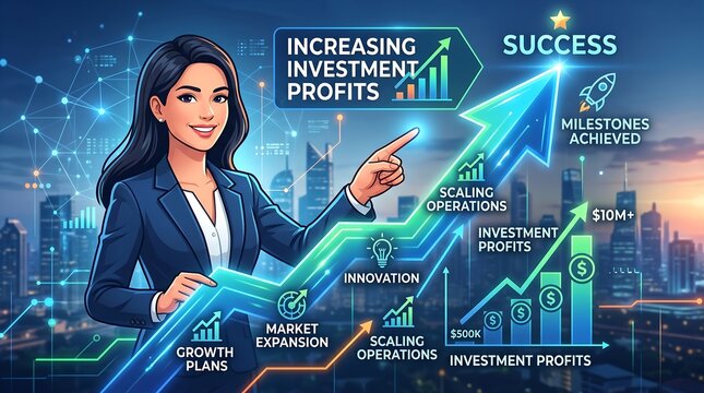 Pengusaha wanita berinteraksi dengan antarmuka digital futuristik menunjukkan grafik pertumbuhan investasi