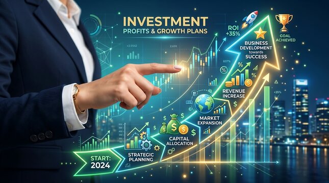Eksekutif wanita menyentuh layar virtual hologram grafik keuangan dan panah kesuksesan bisnis