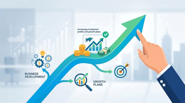 Tangan menunjuk panah infografis 3D yang menunjukkan peningkatan laba investasi dan rencana bisnis