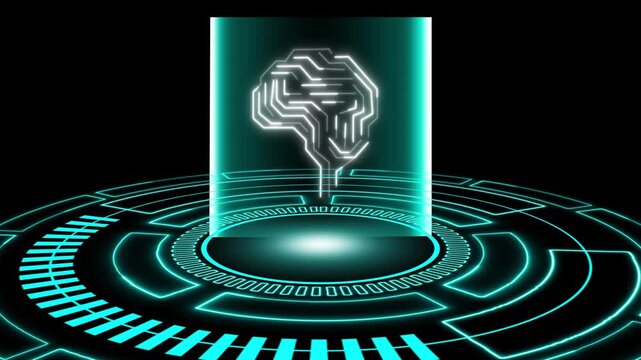 Glowing cyan circuit brain on futuristic platform. Artificial intelligence brain symbol for computer processing unit. Digital brain animation for deep learning technology.