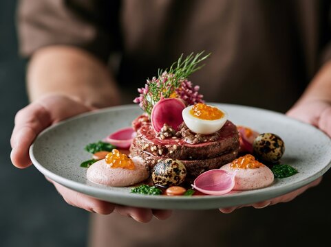 Gourmet steak tartare with quail eggs and caviar presented on a plate