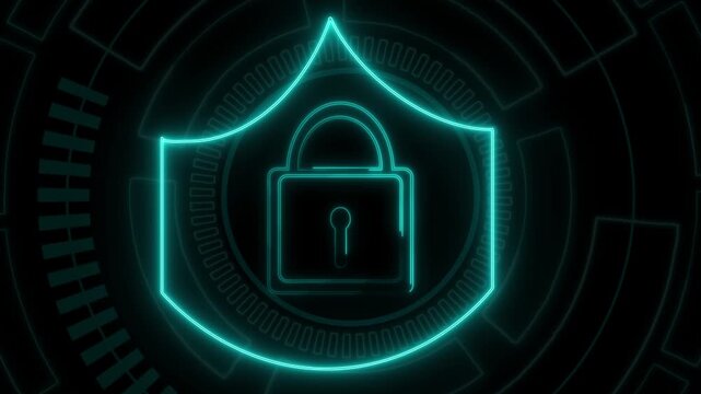 Cyan neon shield and padlock icon on background. Cybersecurity shield symbol for data encryption privacy. Digital shield animation for network firewall safety.