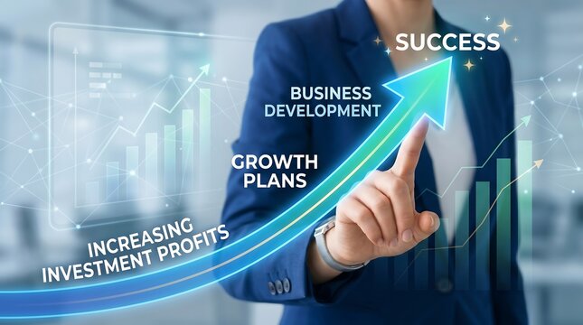 Profesional bisnis dalam setelan biru menunjuk panah neon kesuksesan dan pengembangan bisnis