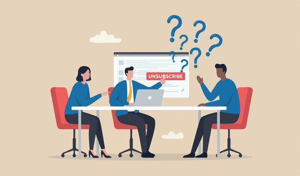 Unsubscribe email exit from mailing list, cancel subscription button, remove or leaving marketing email, rejection concept, businessman team meeting computer unsubscribe button