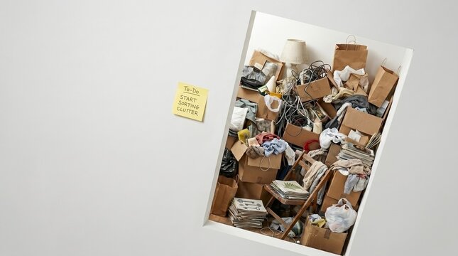 Room filled with trash and old belongings. Chaotic pile of cardboard box, plastic bag and heap of junk behind wall. Excessive consumption, hoarding and organization concept.