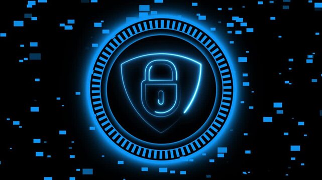 Blue lock and shield icon with digital particles. Cybersecurity shield symbol for computer network access safety. Digital shield animation for online privacy firewall.