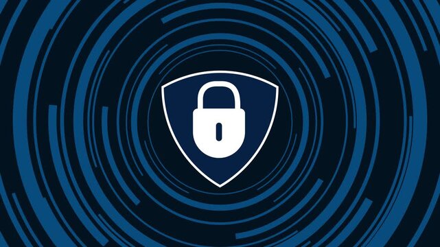 Shield with padlock icon on concentric blue circles. Security shield symbol for internet server protection. Digital shield animation for network database privacy safety.