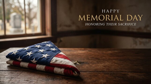 Folded american flag on wooden table for memorial day observation.