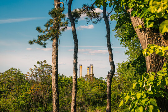 Industrial chimneys rising beyond green forest, contrast between nature and industry under clear blue sky