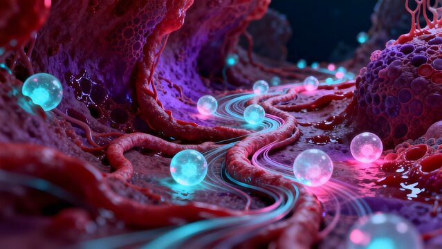 Abstract cellular environment with glowing spheres
