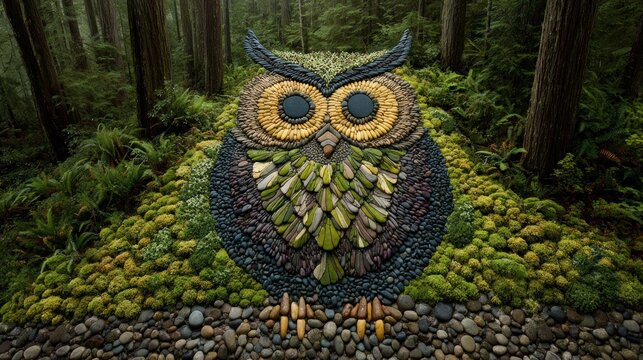 Artistic owl mosaic crafted from natural elements like moss, pebbles, and leaves in a lush green forest setting.