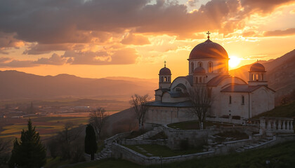 Obraz premium Monastery sits atop a grassy hill during a breathtaking golden sunset over the distant valley horizon.