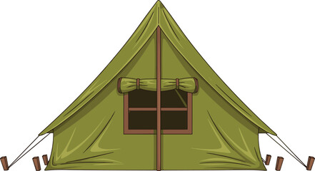 Green camping tent vector illustration with open window, ropes, and stakes for outdoor adventure design © Prodip