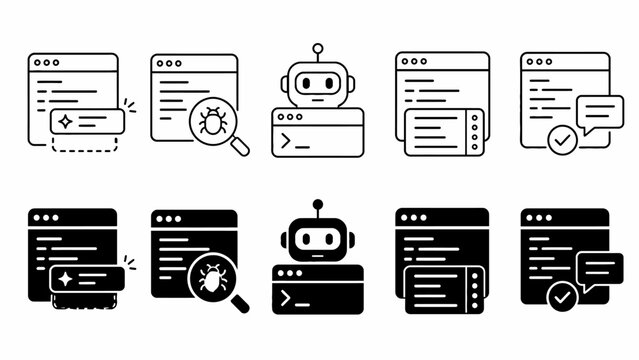 Set of web development and chatbot icons in black and white