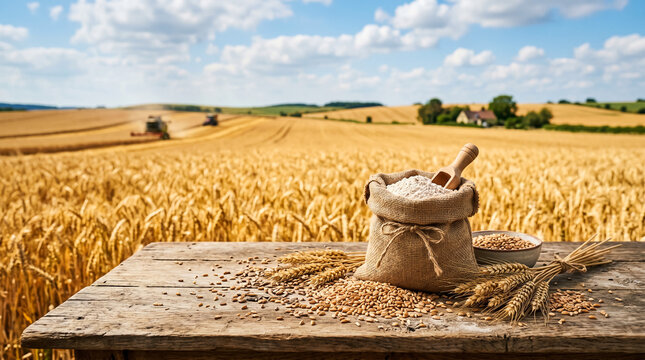 Harvested wheat sheaves with sickle on wooden table in golden field under blue sky