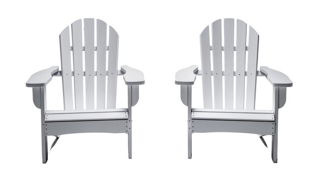 Isolated pair of light grey Adirondack chairs, classic outdoor patio furniture for relaxation