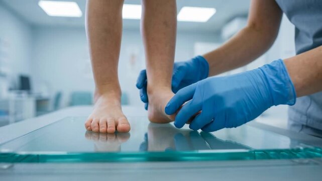 A person is receiving treatment at a medical clinic. A healthcare worker is examining and measuring the foot with care. The atmosphere shows attention to detail during the process