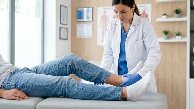A physical therapist checks the range of motion in a patient's ankle. The therapist gently moves the patient's leg while sitting on a treatment table in a clinic