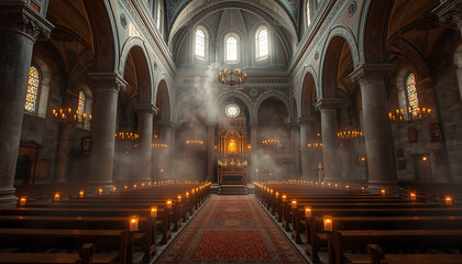 Fototapeta premium Church interior features rows of burning candles and pews leading toward a bright glowing altar.