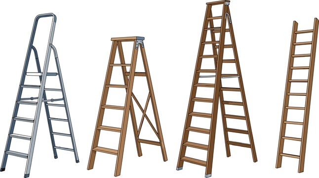 Ladder vector set with wooden and metal step ladders for construction, repair, and home improvement design