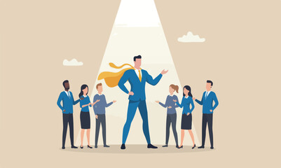 Best success for staff meeting teams together or discover high performance employee, leadership, hiring or recruitment concept, confidence businessman superhero with spotlight shining © YEASIN
