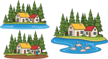 Obraz premium Lakeside cabin landscape vector set with pine forest, swans, houses, and peaceful countryside scenery
