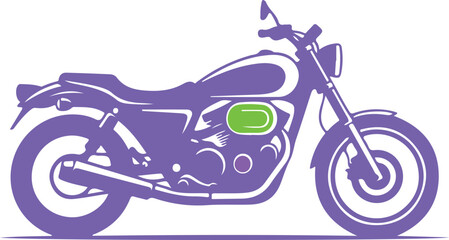 Purple motorcycle silhouette flat design icon motorcycle parts green detail on engine classic chopper profile view vehicle on transparent background. © MstBeauty
