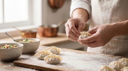 Fototapeta premium A person in a white apron preparing dumplings on a floured wooden cutting board with bowls of ingredients in the background near a window.