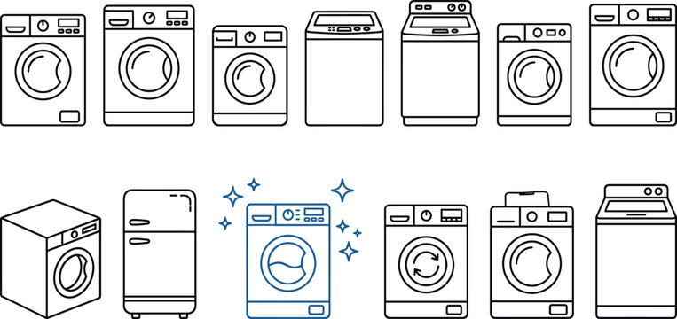 Washing Machine and Refrigerator Icon Set with Front Load and Top Load Home Appliances for Laundry and Kitchen Design Elements