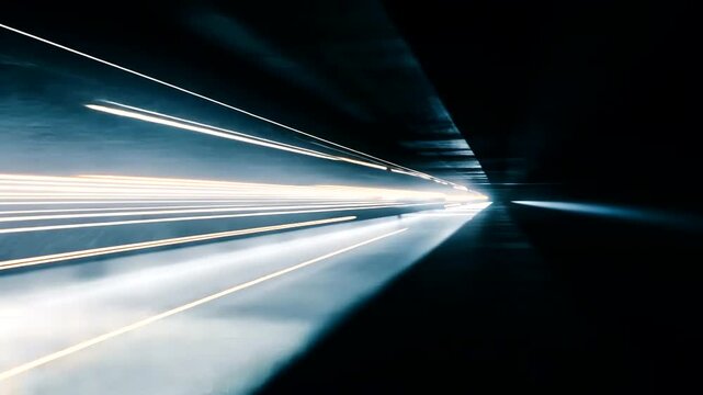 Light streaks blur through a dark tunnel, suggesting rapid movement