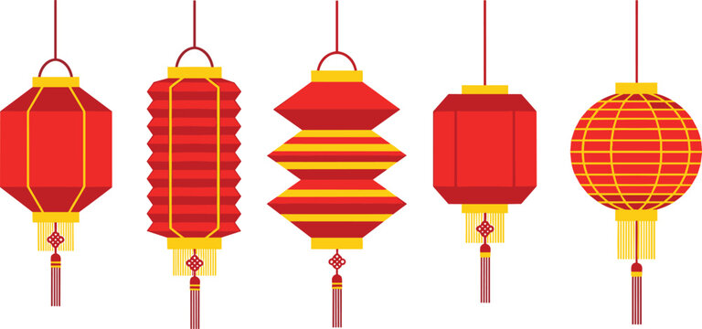 Red Chinese lantern vector set with golden tassels and traditional hanging decorations for festive celebration design