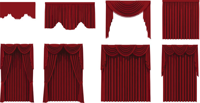 Red theater curtain vector set with stage drapes, valance designs, and elegant decorative fabric panels