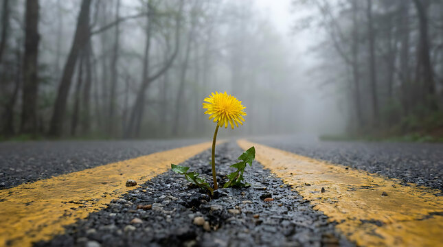 Yellow Flower Growing Through Asphalt Road in Foggy Forest Symbolizing Hope and Resilience