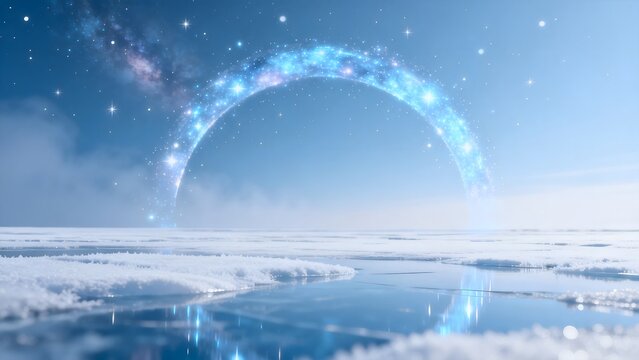 Frozen landscape with glowing arch
