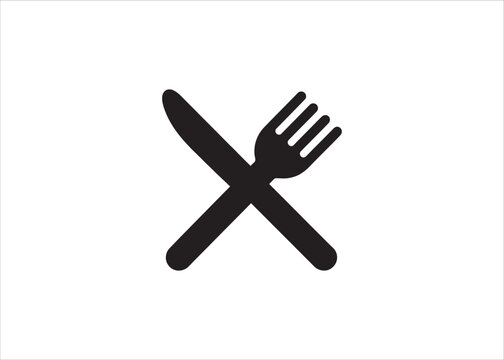 Minimal black and white crossed knife and fork dining symbol icon representing food, meal, restaurant table setting, silverware, and eating utensils.
