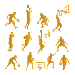 Collection of golden silhouettes of basketball players in action on white background sport activity. © Yusra