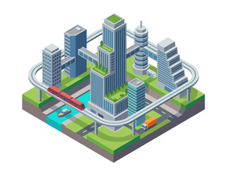 Fototapeta premium A sleek illustration of a modern city with skyscrapers, green spaces, and advanced transportation systems, reflecting innovation and urban development.