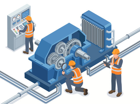 A portrayal of industrial workers actively engaged in machinery maintenance, emphasizing teamwork and precision in an industrial setting, showcasing the importance of skilled labor.