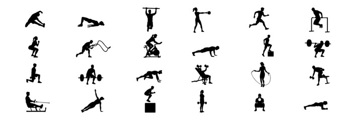 Basketball player silhouettes set collection in various poses including dunking shooting and dribbling action. © Yusra