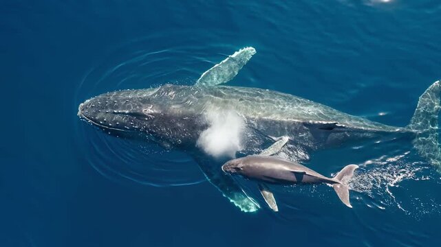 Drone video of a large humpback whale and its young calf swimming side by side in the calm blue ocean water as the baby blows mist from its blowhole in a serene moment.