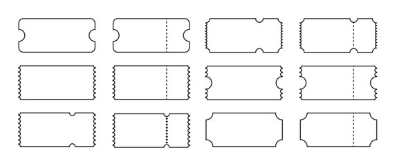 Blank ticket template set with dotted perforation and stub design. Empty coupon and voucher outline collection for event and admission use. Clean vector shapes for cinema, lottery and promotional them