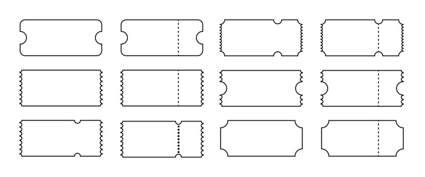 Blank ticket template set with dotted perforation and stub design. Empty coupon and voucher outline collection for event and admission use. Clean vector shapes for cinema, lottery and promotional them