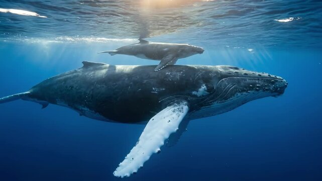Underwater view of a majestic humpback whale gliding through deep blue ocean water while its small newborn calf rests protectively on its back beneath bright sunbeams.